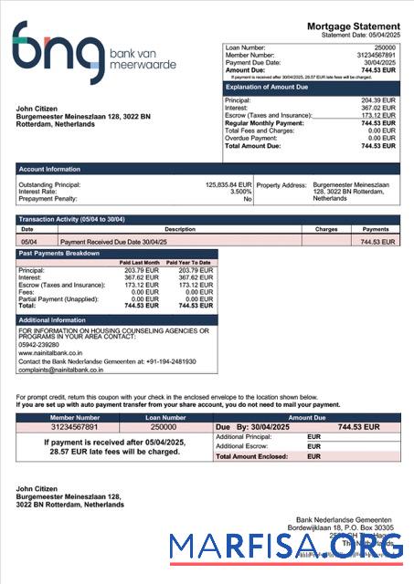 Printable Netherlands Bank Nederlandse Gemeenten mortgage statement Word and PDF template